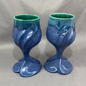 Doug Wylie Whale Tail Ceramic Art Pottery Goblet Blue Green Drip Glaze Drinkware